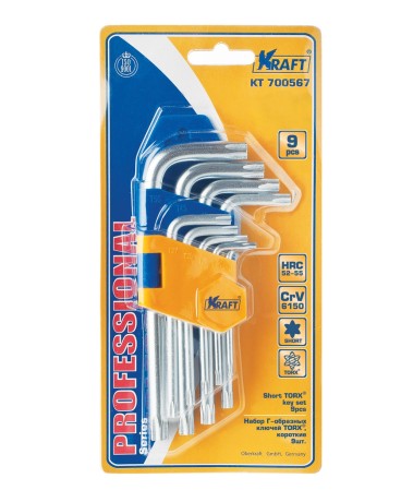 Ключ Kraft торцевой Г-образный TORX, короткий, набор 9 штук