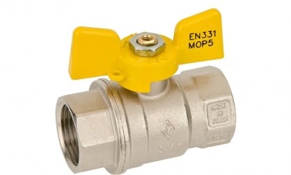 Кран шаровой Bugatti для газа, полнопроходной, внутренняя/внутренняя резьба, «бабочка» из алюминия желтого цвета Арт. 476