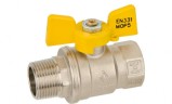 Кран шаровой Bugatti для газа, полнопроходной, наружная/внутренняя резьба, «бабочка» из алюминия желтого цвета Арт. 478