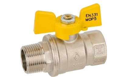 Кран шаровой Bugatti для газа, полнопроходной, наружная/внутренняя резьба, «бабочка» из алюминия желтого цвета Арт. 478