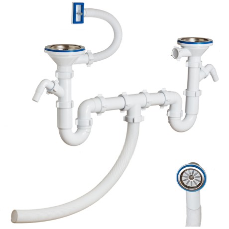 Сифон двойной прямоточный разноуровневый 3 1/2" х 40, с двумя отводами Orio