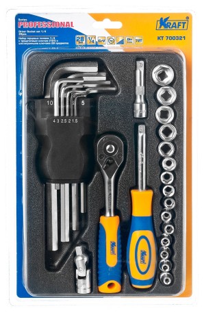 Набор торцевых головок Kraft 1/4"Dr. с трещоточной рукояткой