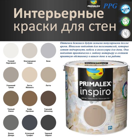 Краска интерьерная моющаяся PPG Primalex Inspiro матовая "бежевая банка"
