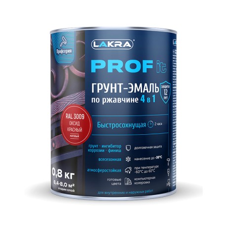 Грунт-эмаль по ржавчине 4 в 1 быстросохнущая Лакра PROF IT